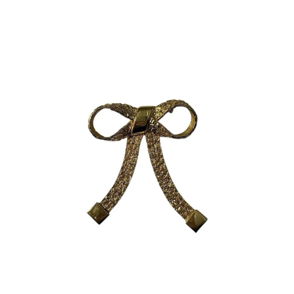 Vintage Gold‎ Tone Flexible Textured Bow Ribbon Brooch Pin